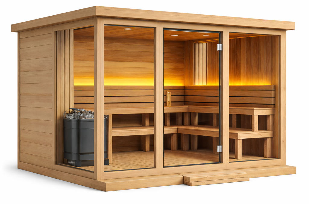 Wooden sauna with interior lights on a white background