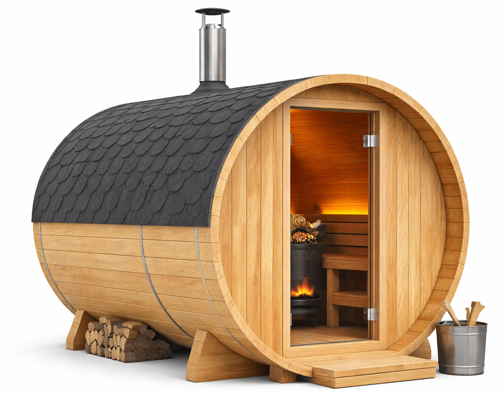 Wooden barrel-shaped sauna with open door on a white background