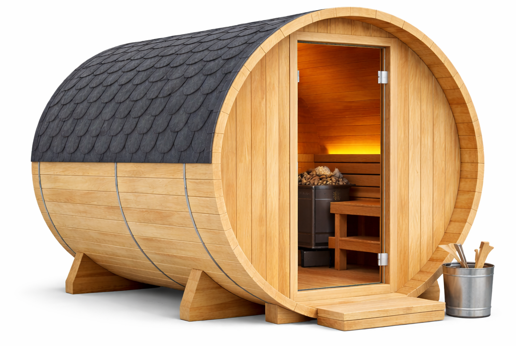 Wooden barrel sauna with open door on a white background