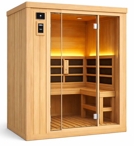 Wooden sauna with glass door on a white background