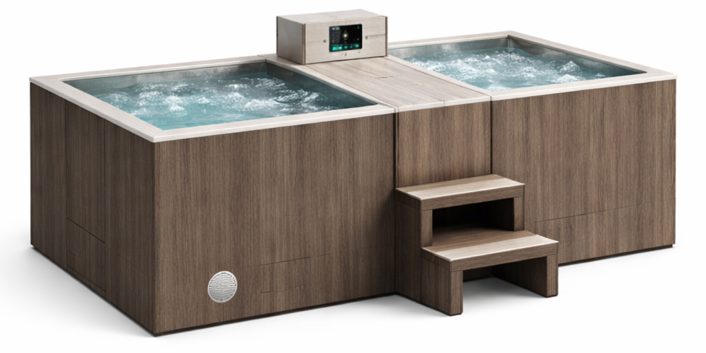 Modern outdoor hot tub with wooden exterior and digital display on a white background