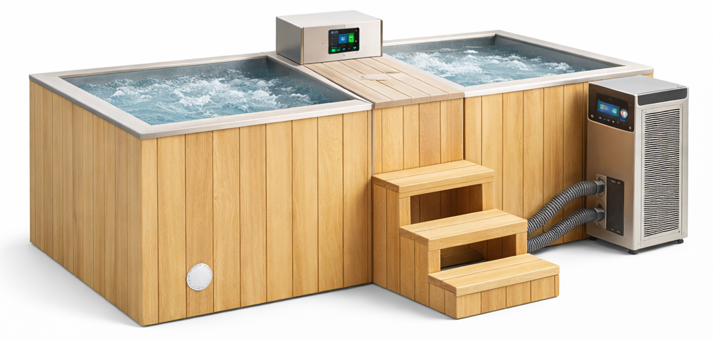 Wooden hot tub with two seating areas on a white background
