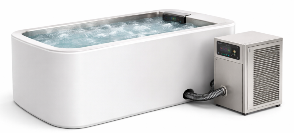 White rectangular hot tub with water and a control panel on a white background