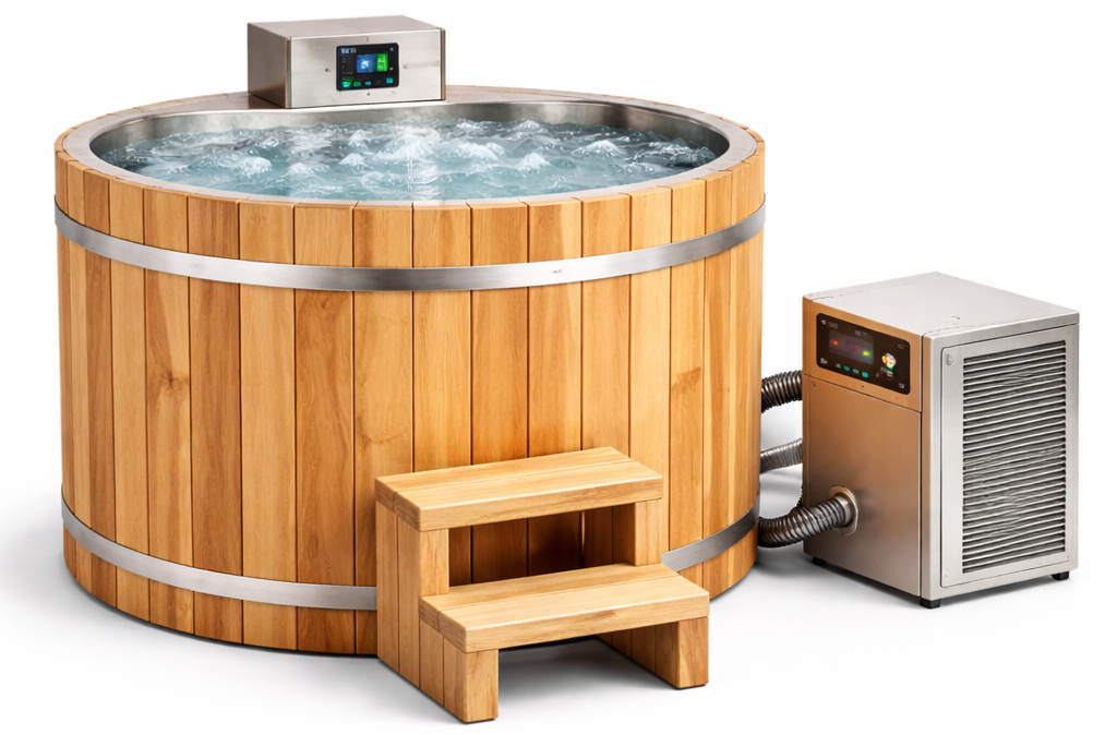 Wooden hot tub with water circulation system on a white background