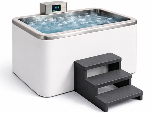 White hot tub with steps on a white background